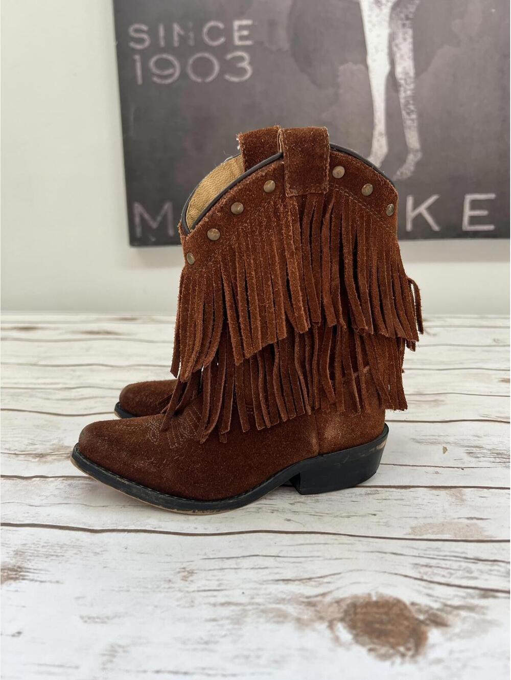 Shyanne Girls' Fringe Snip Toe Western Brown Suede Boots for Little Girls - sz10